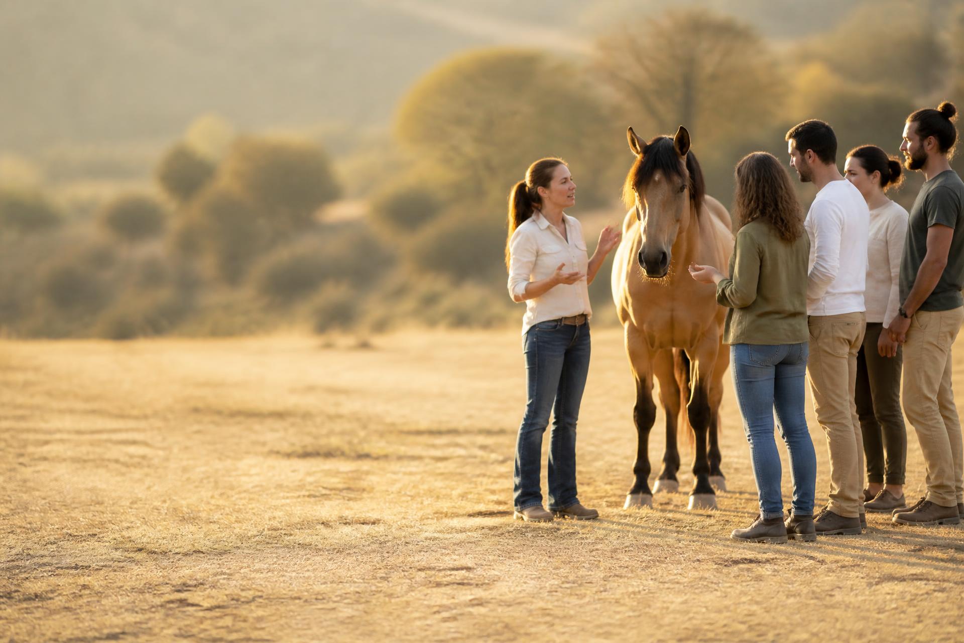 Professionnels en formation auprès d'un cheval, lumière dorée